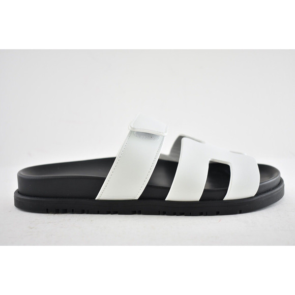 Hermes Chypre Sandal Black White Calfskin Leather H Logo Slide Slip On Flat 41.5 - Picture 2 of 11
